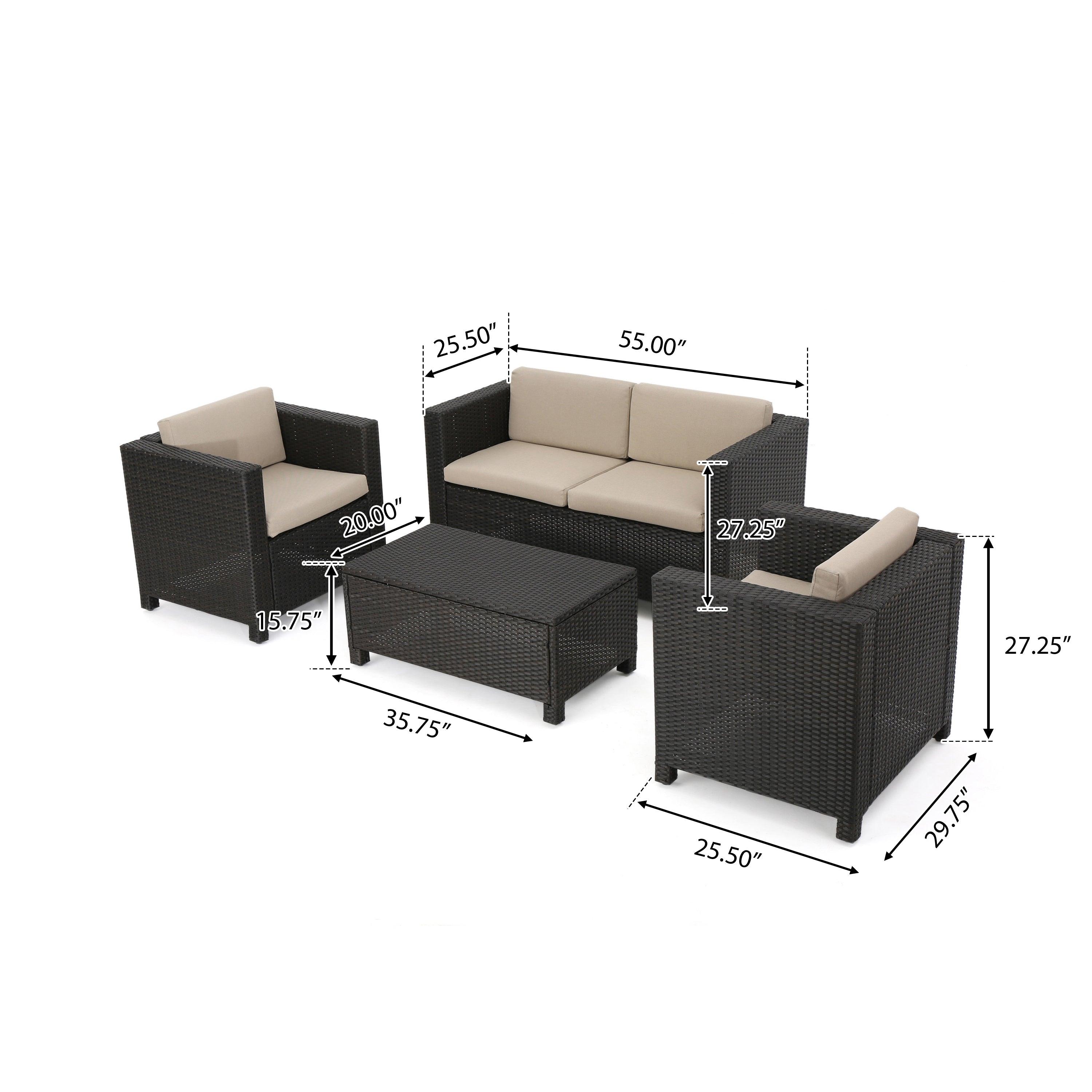 Outdoor Patio Set PE Rattan Dark Brown 4 Piece Loveseat Chairs Coffee Table
