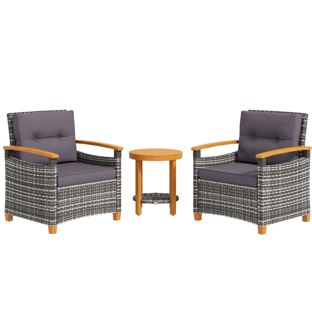 Outdoor Bistro Set PE Rattan Wood Frame Gray 3 Piece