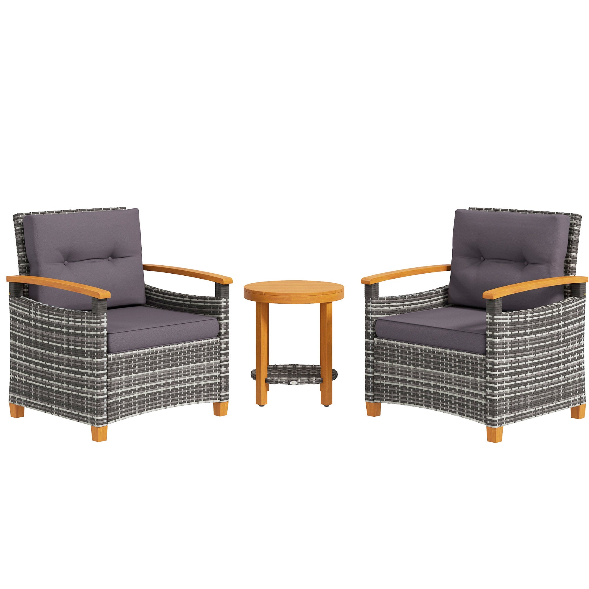 Outdoor Bistro Set PE Rattan Wood Frame Gray 3 Piece