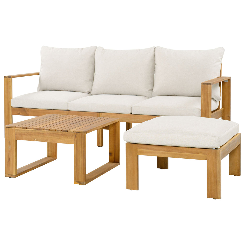 Outdoor Patio Set Acacia Wood Teak Beige Gray 3 Piece Sofa Ottoman