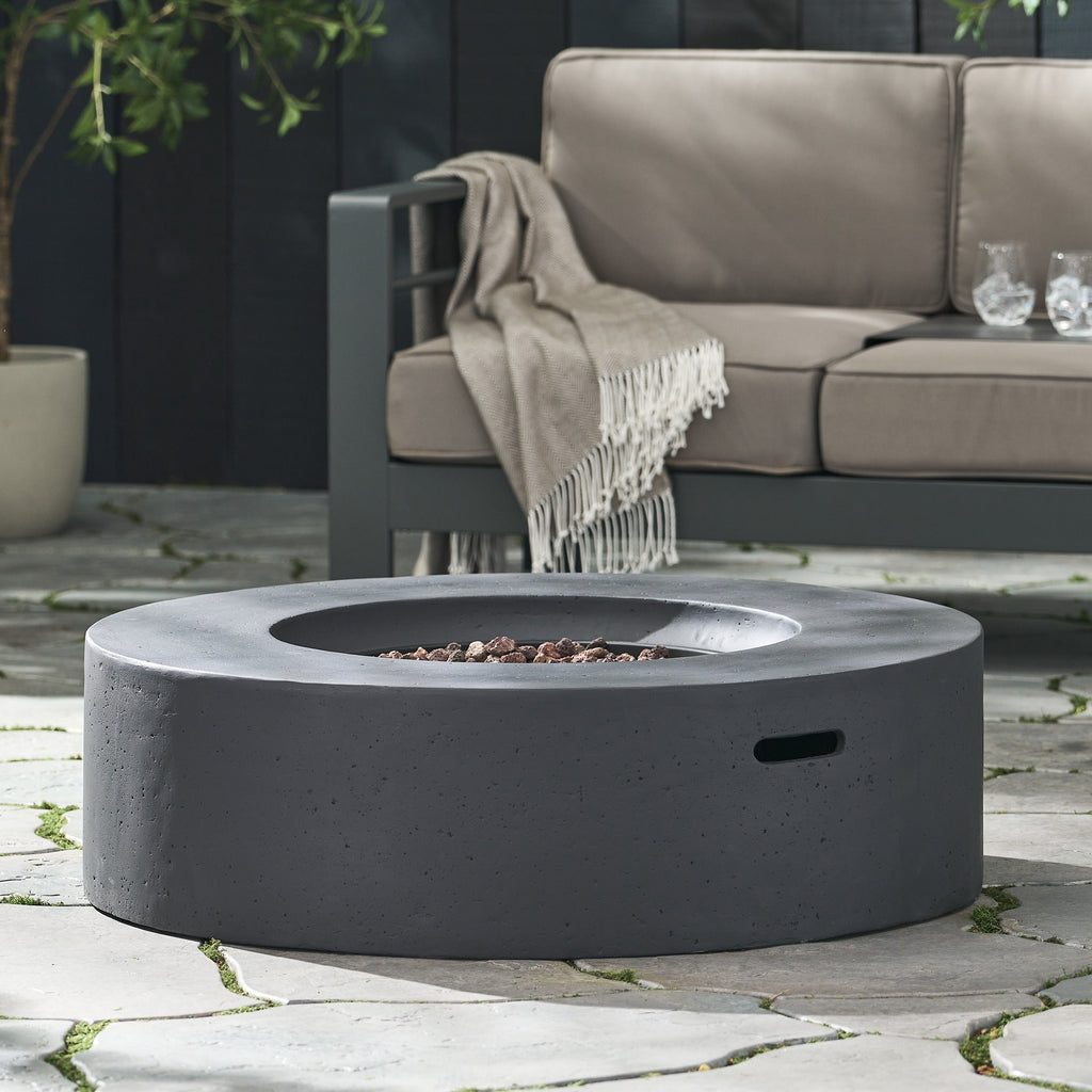 Modern Lightweight Concrete Circular Fire Pit 50000 BTU, Dark Gray