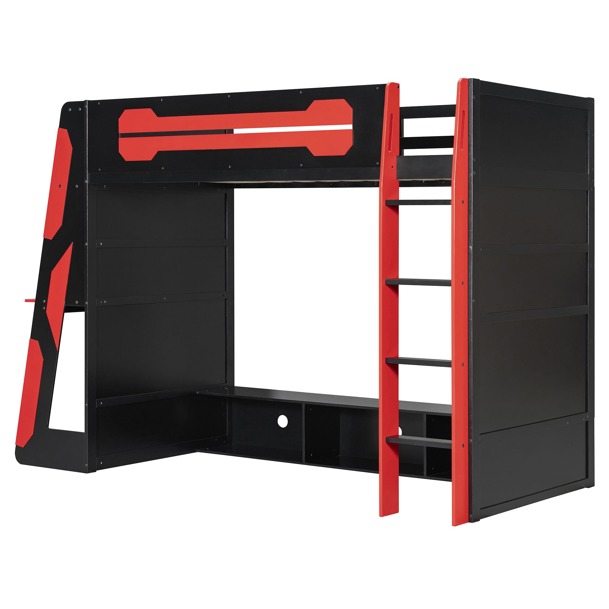 Twin Size Wood Loft Bed with Desk, Multi-storage Shelves and RGB Light, Red