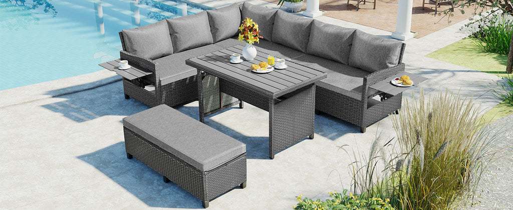 Outdoor Sectional Set PE Wicker Steel Gray 5 Piece L-Shape Seats 7