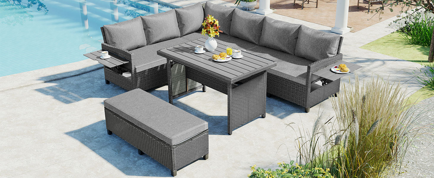 Outdoor Sectional Set PE Wicker Steel Gray 5 Piece L-Shape Seats 7