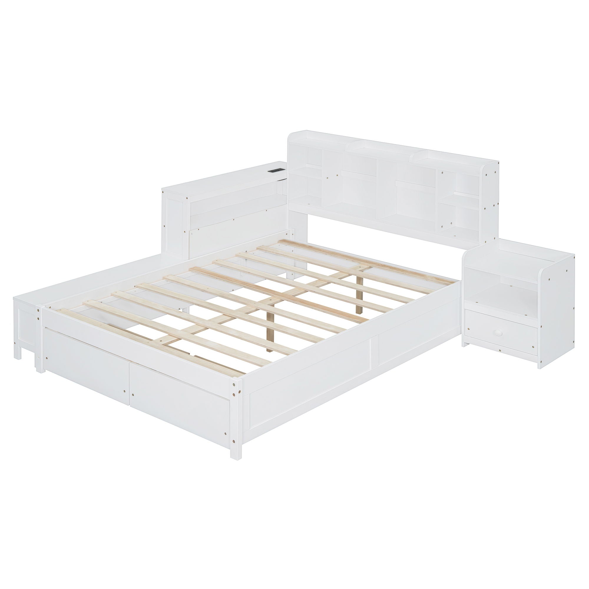 Platform Bed With Multi Functional Storage Space, Nightstand, 2 Drawers, USB Ports And Desk