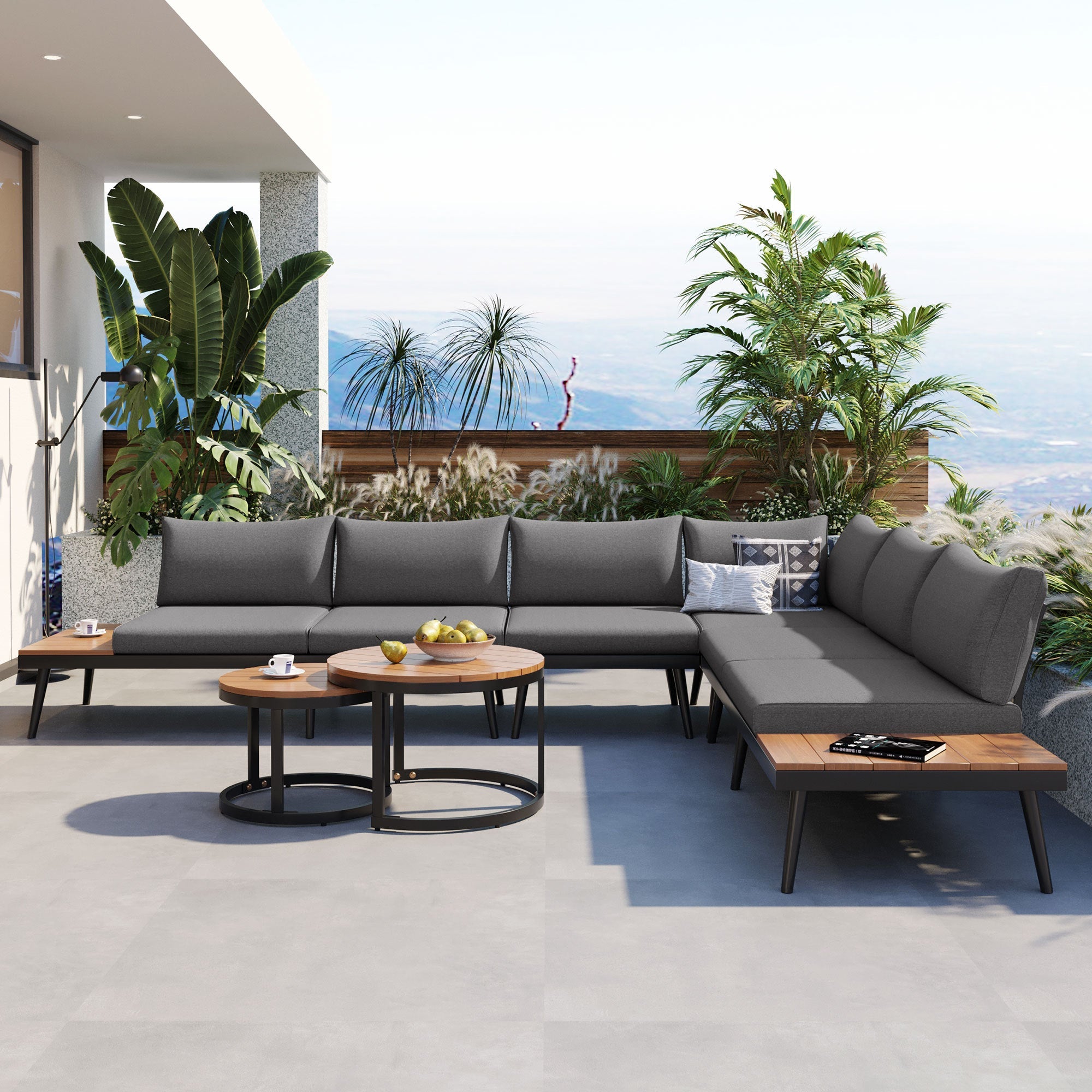 Outdoor Sectional Set Acacia Wood Steel Gray with Nesting Tables