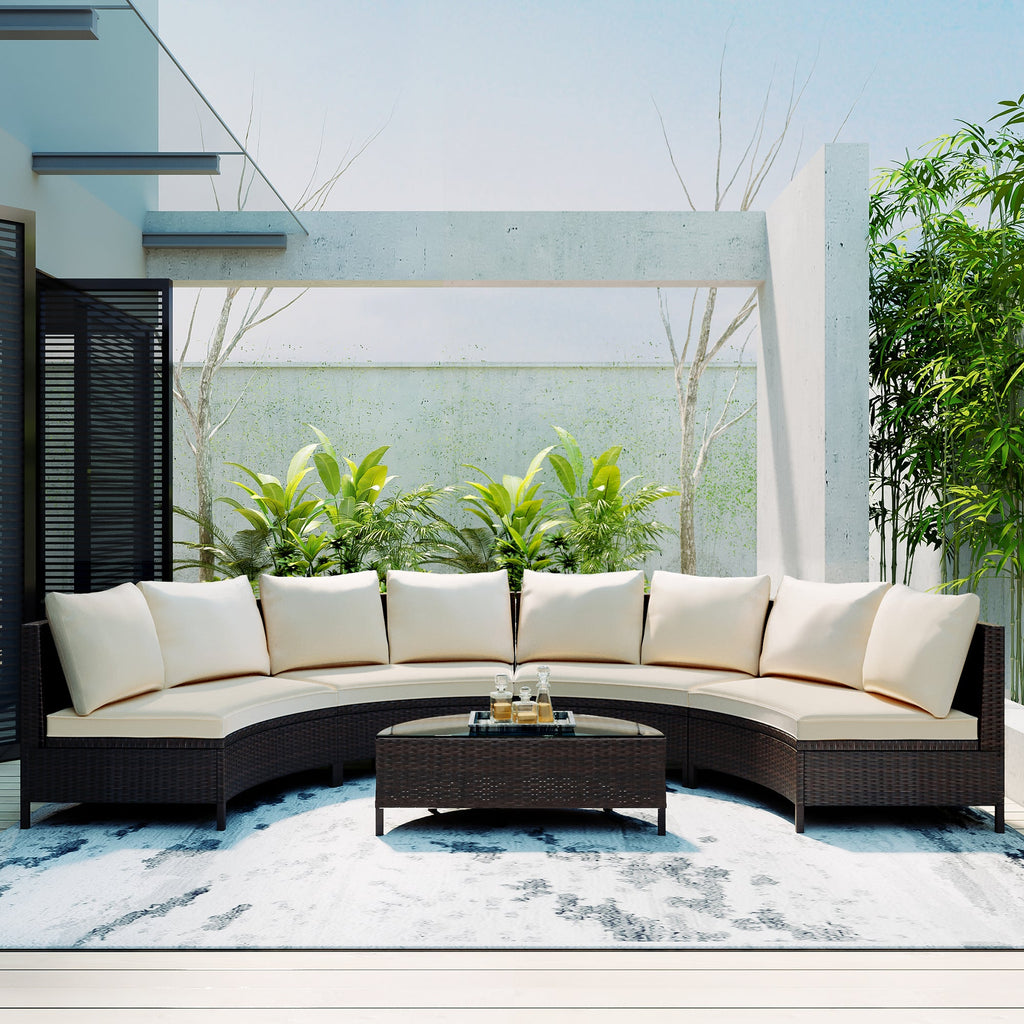 Outdoor Patio Set Half Moon PE Rattan Steel Beige 5 Piece Tempered Glass