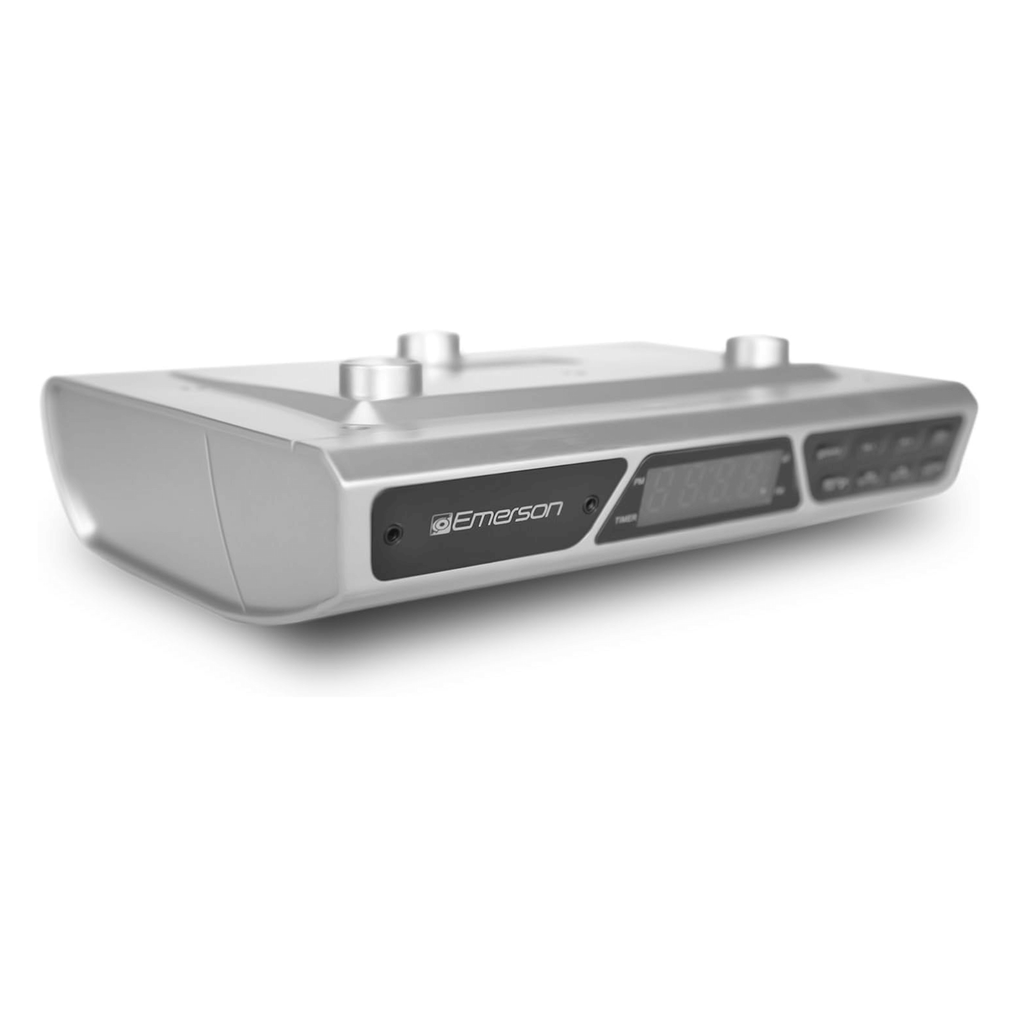 Emerson Under Cabinet FM Radio w Bluetooth, Station Memory and Clock with Timer