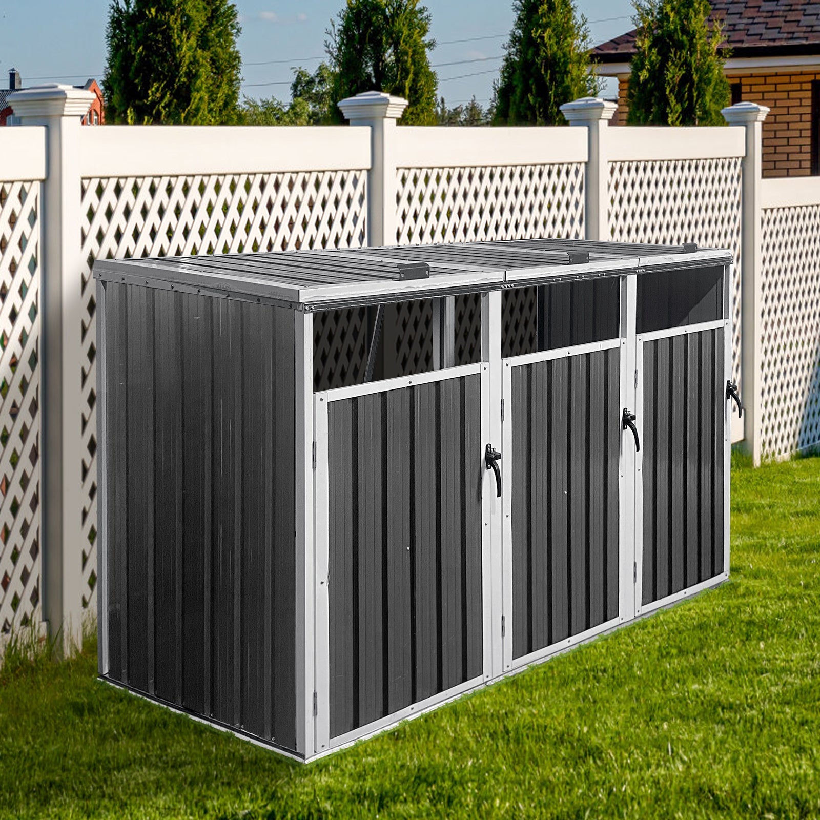 Outdoor Trash Can Shed Galvanized Steel 3 Bin