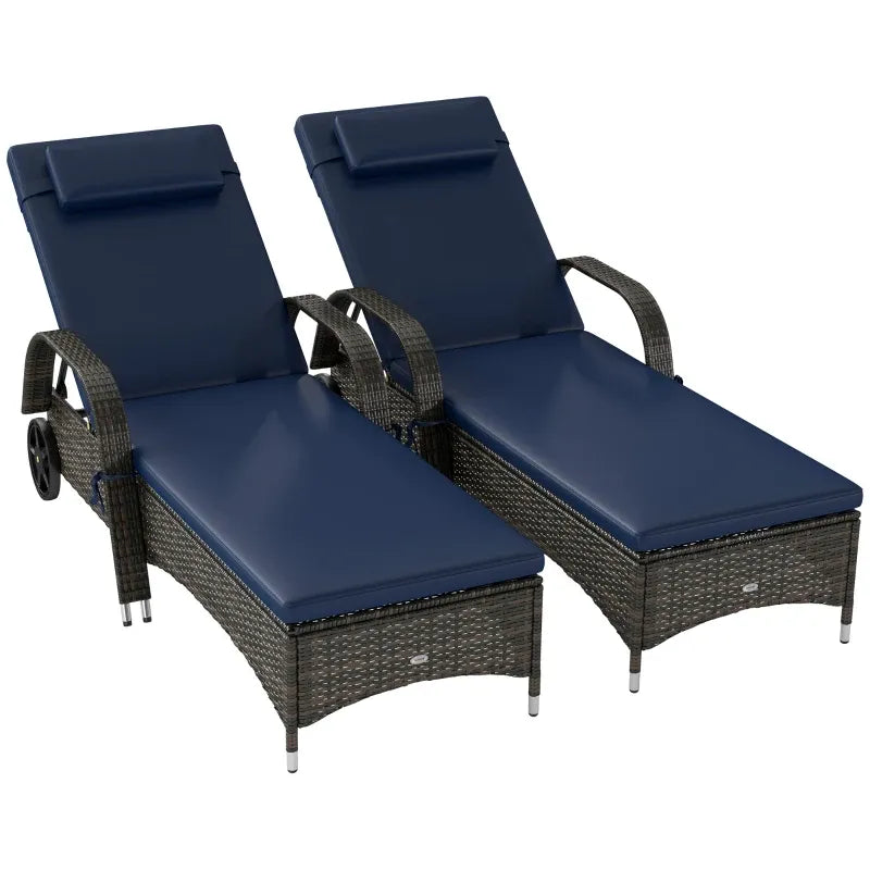 Chaise Lounge PE Rattan Dark Blue 5-Position Wheels Set of 2 76in
