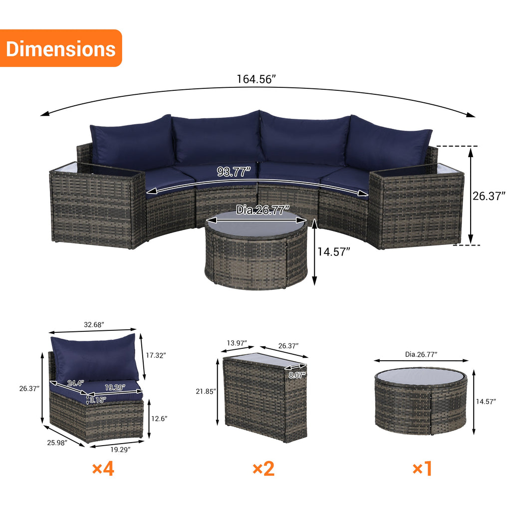 Outdoor Sectional Set PE Rattan Steel Dark Blue Half Moon 7 Piece 380 LB