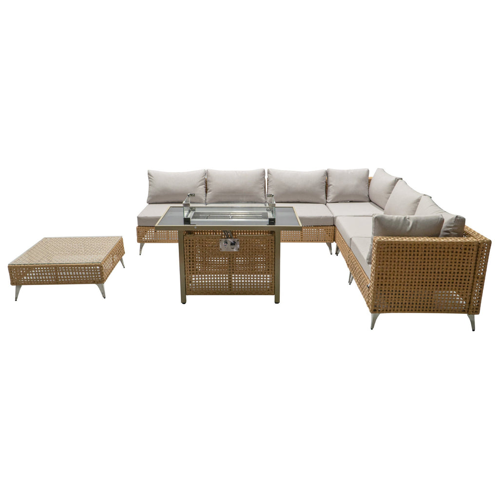 Outdoor Patio Set with Fire Pit Table Rattan Metal Beige 8 Piece