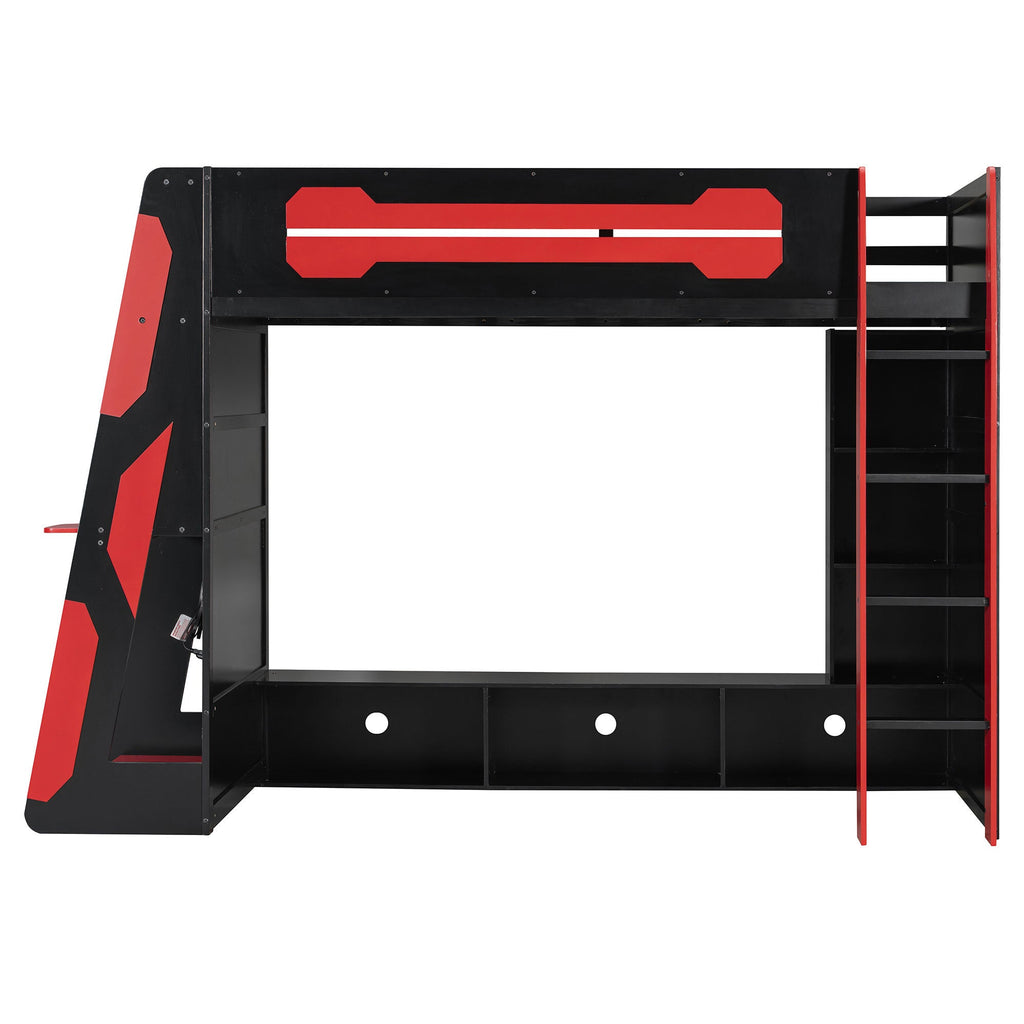 Twin Size Wood Loft Bed with Desk, Multi-storage Shelves and RGB Light, Red