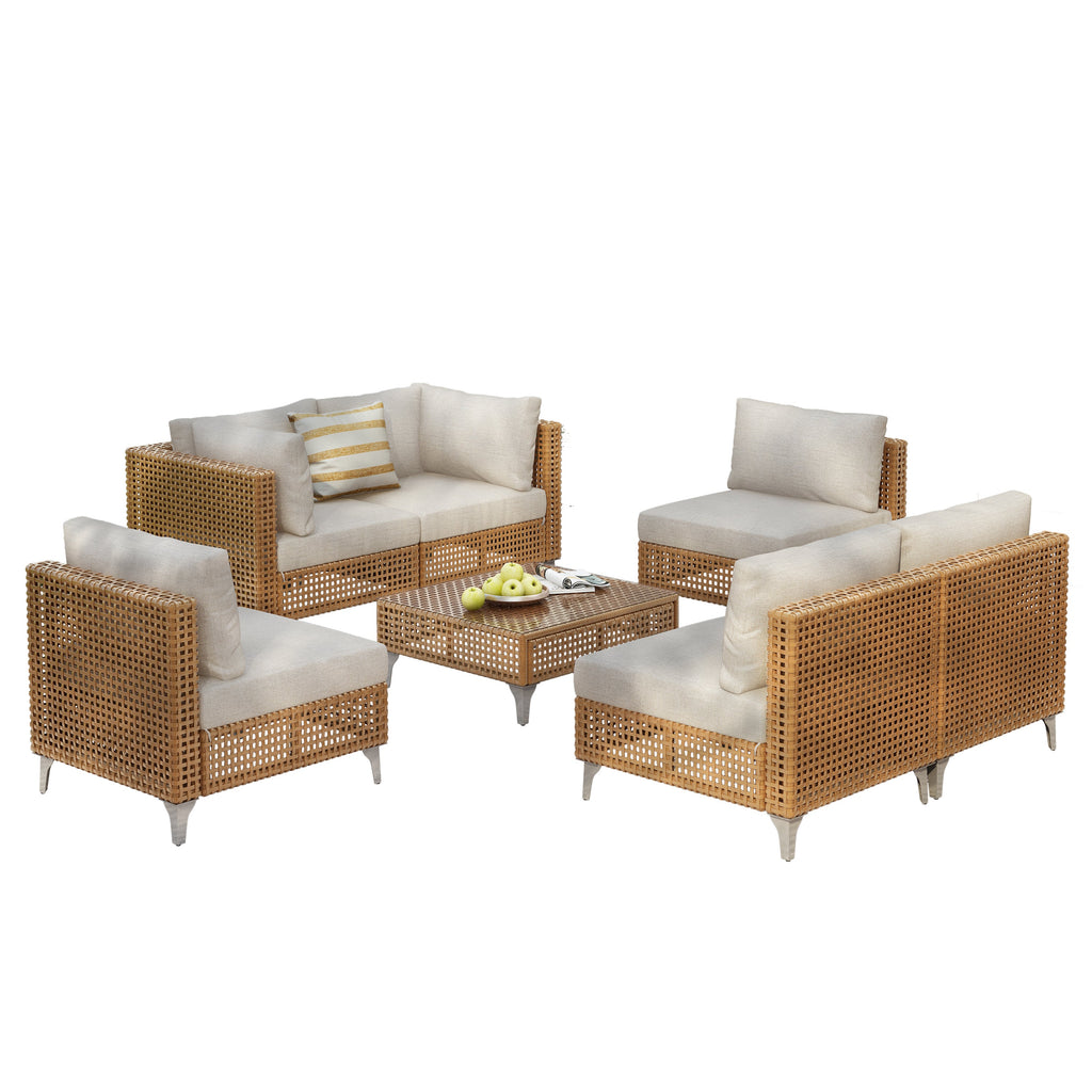 Outdoor Patio Sectional Set Rattan Metal Beige 7 Piece Tempered Glass