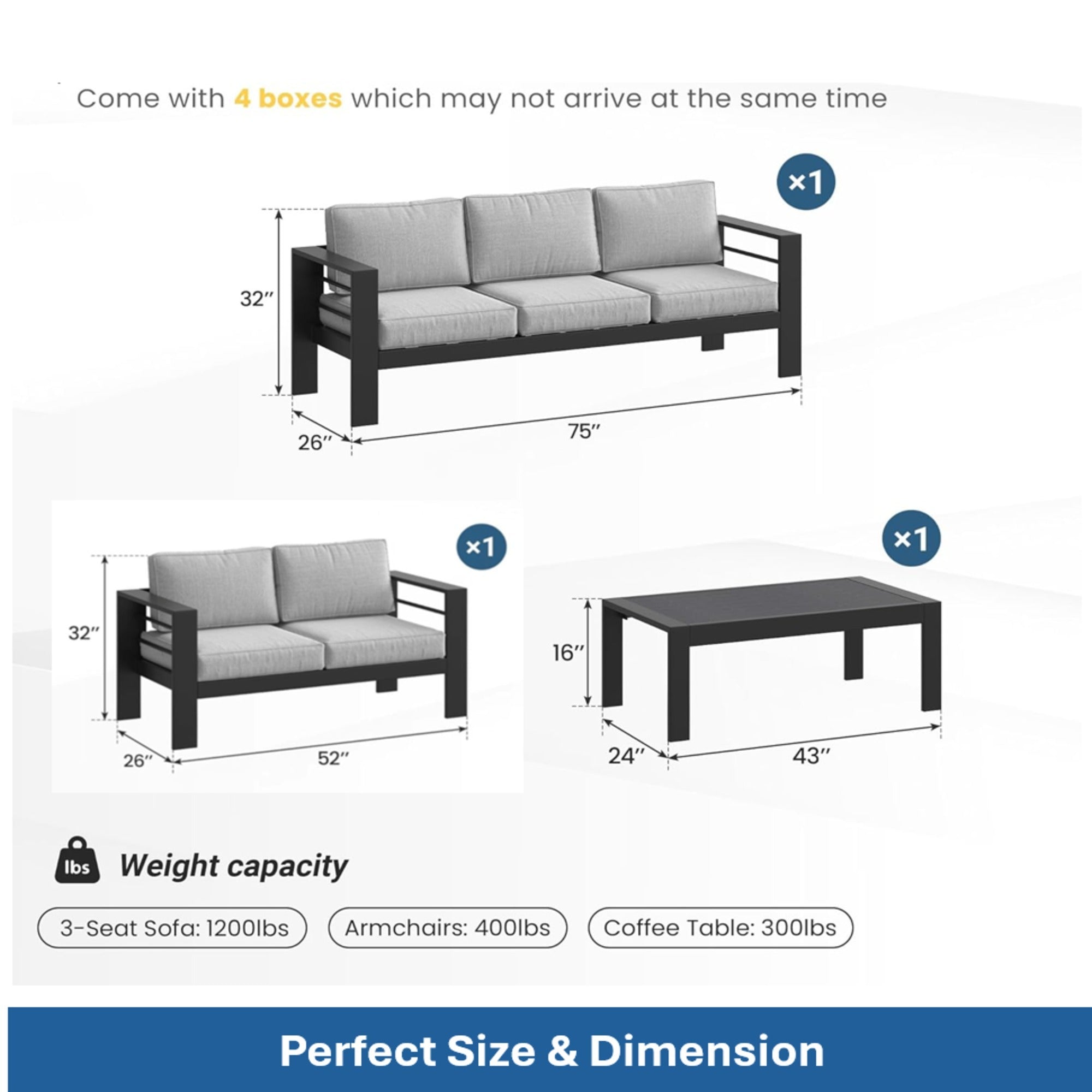 3 Piece Outdoor Patio Set Aluminum Black Gray Cushions