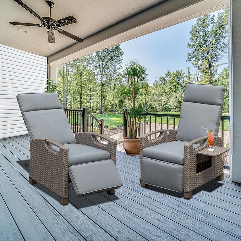 Outdoor Recliner Chair Wicker Gray Adjustable 150 Degree Flip Table
