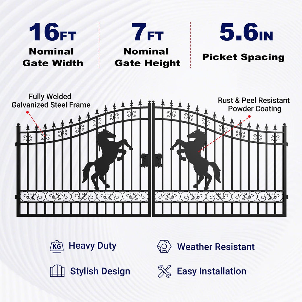 16x7 ft Steel Dual Swing Driveway Gate with Horse Pattern