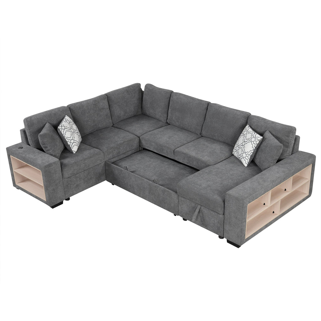 Sectional Sofa U-Shape Chenille Gray 5 Seat USB Ports Pull-Out 109 In