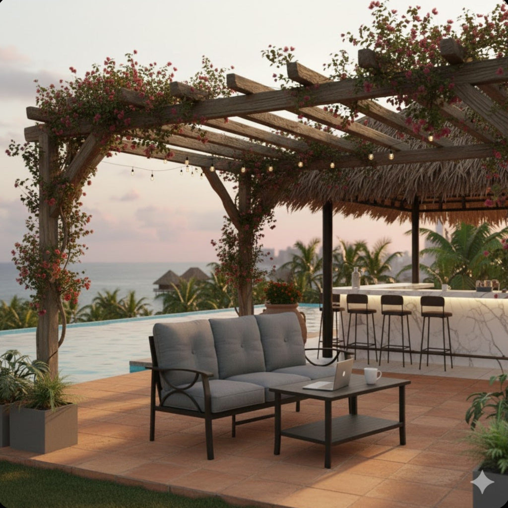 Outdoor Patio Set Steel Khaki 2 Piece 3 Seat Sofa 4 in Cushions Coffee Table