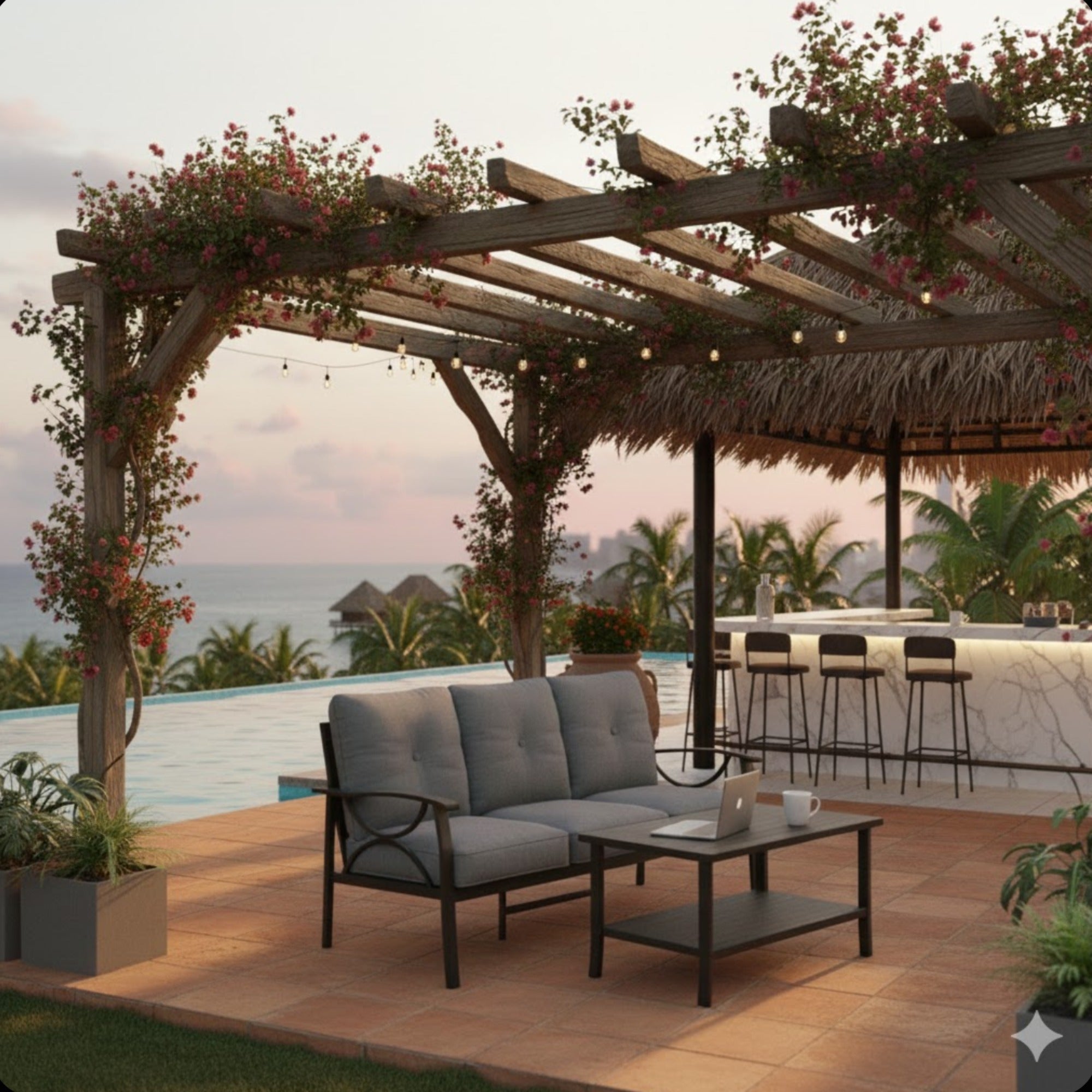 Outdoor Patio Set Steel Khaki 2 Piece 3 Seat Sofa 4 in Cushions Coffee Table