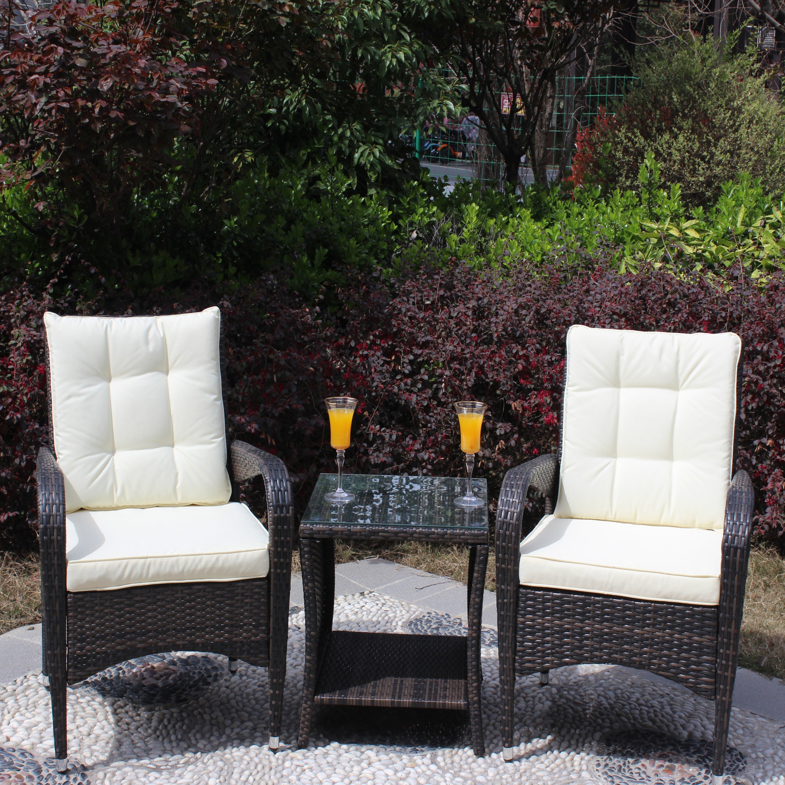 Outdoor Conversation Set PE Rattan Steel Brown Beige Cushion 3 Piece