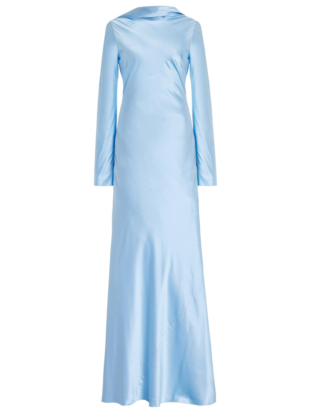 Satin Sky Blue Open-Back Long-Sleeved Maxi Dress for Elegant Evening Wear