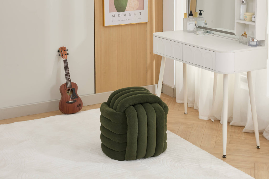Chenille Knot Design Ottoman Makeup Stool Footstool, Green