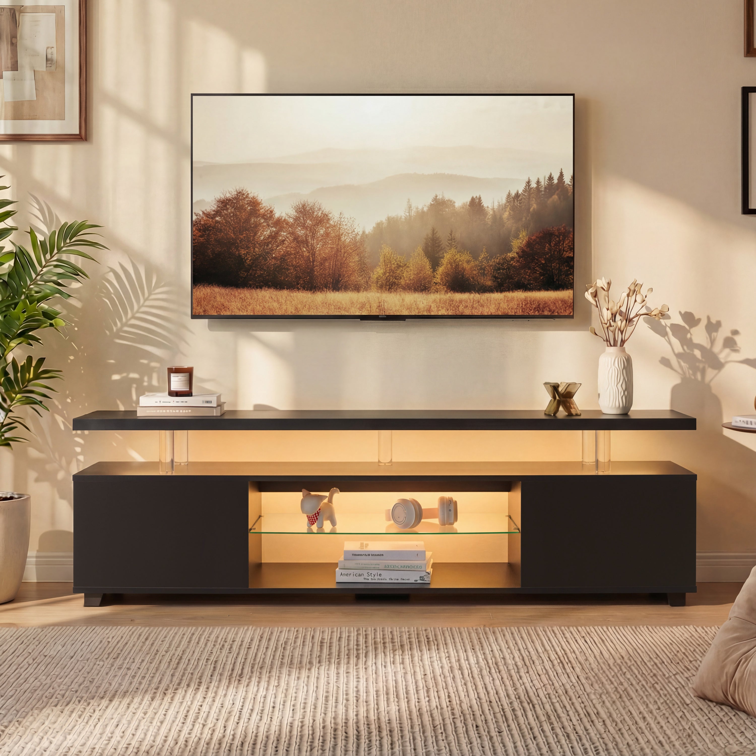 TV Stand Gaming LED Black Engineered Wood Fits 70 In TV 63x16x21 In