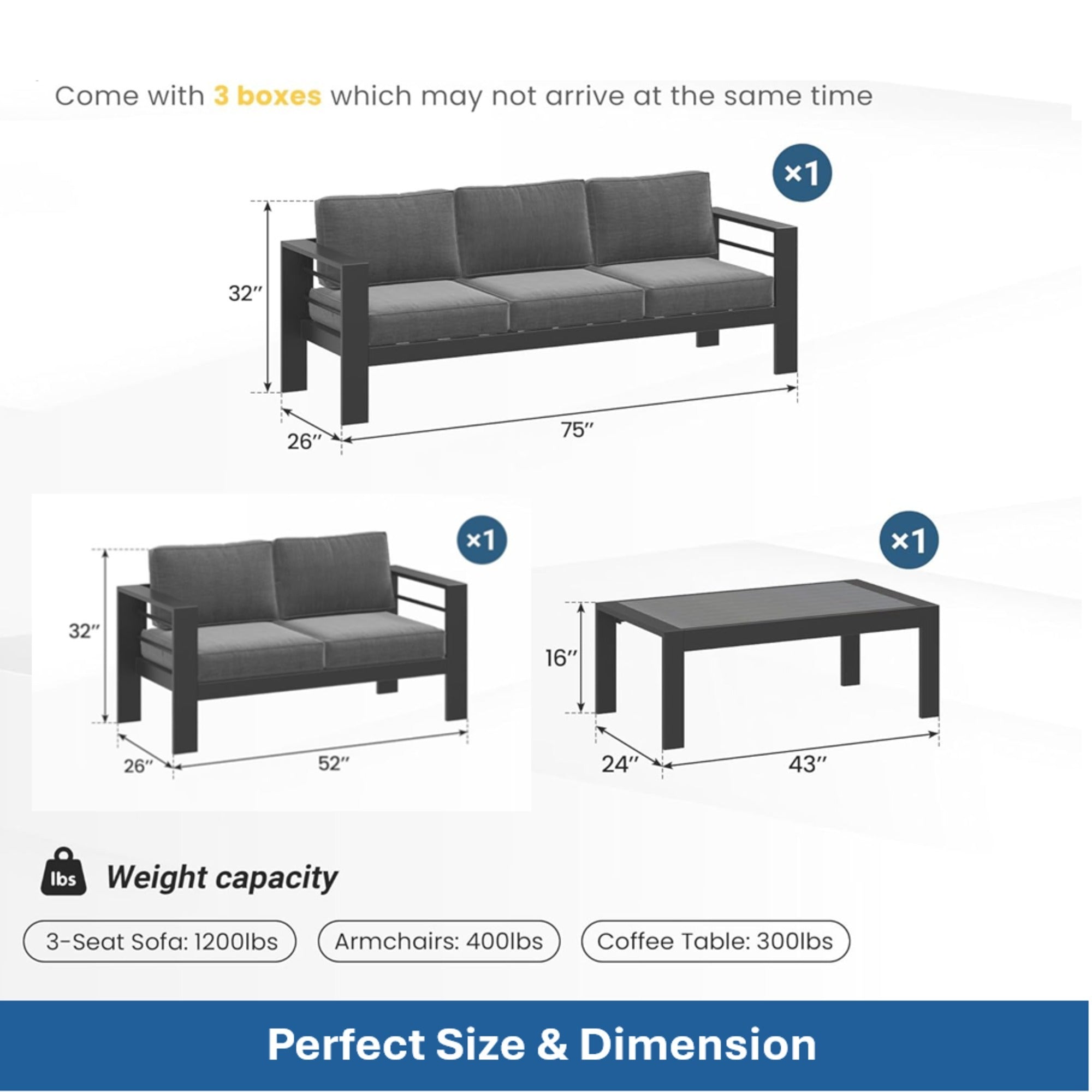 Outdoor Conversation Set 5 Seat Aluminum Gray Blue Cushion