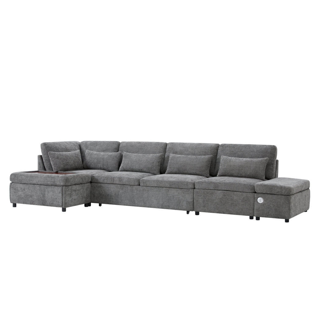 Sofa Bed L-Shape Chenille Gray 6 Seat Pull-Out USB Ports 107 In