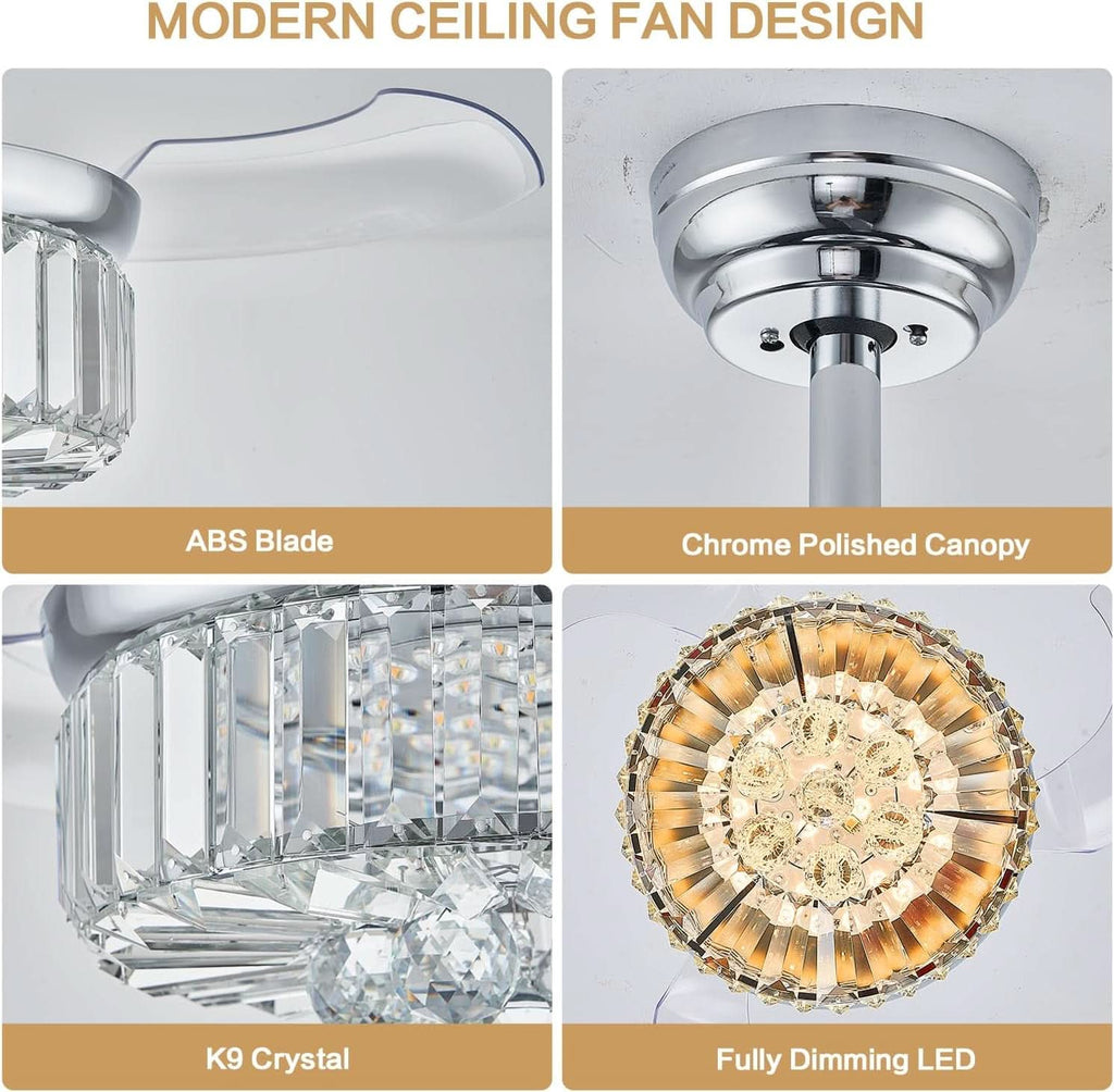 30 Inch Crystal Chandelier Ceiling Fan With Retractable Blades