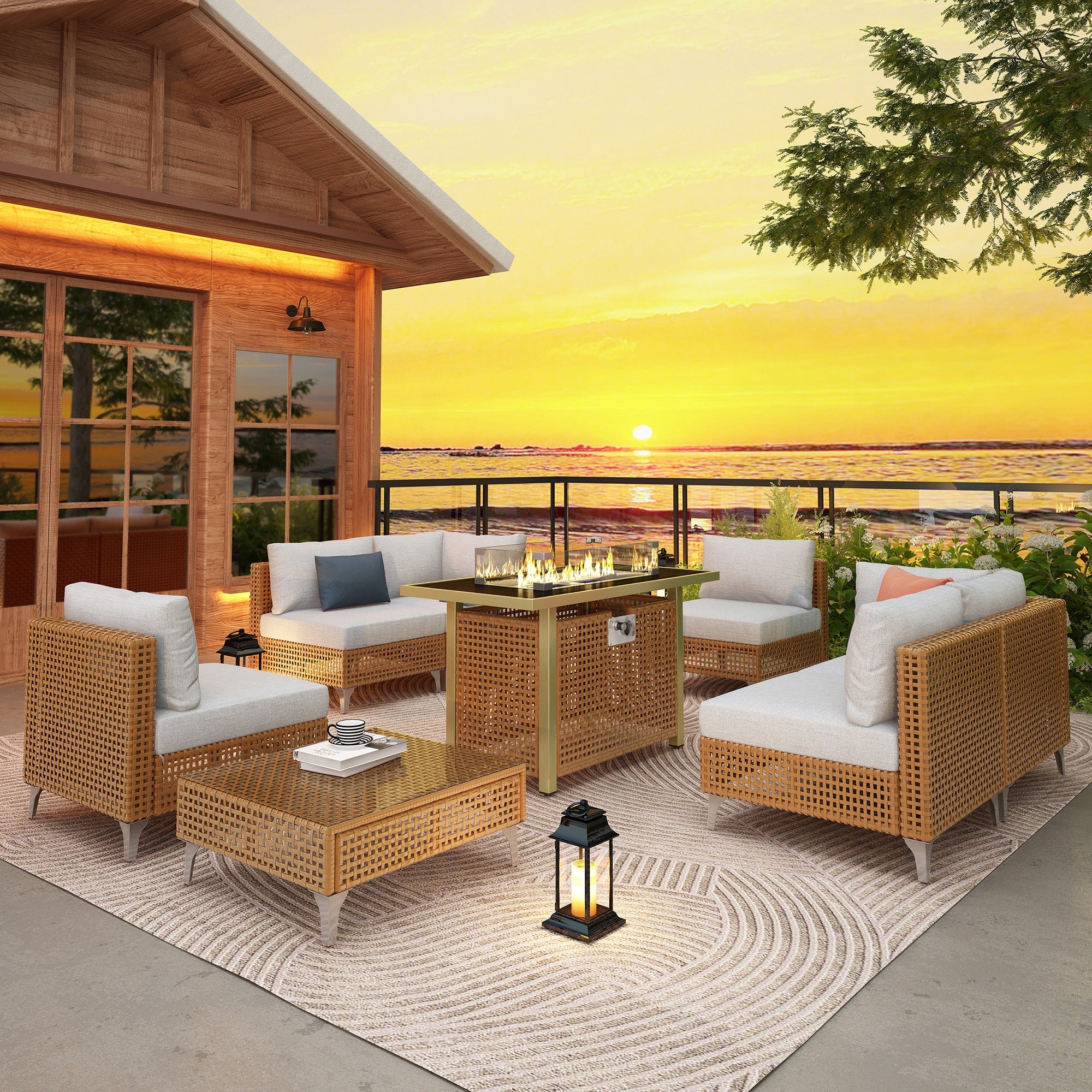 Outdoor Patio Set with Fire Pit Table Rattan Metal Beige 8 Piece
