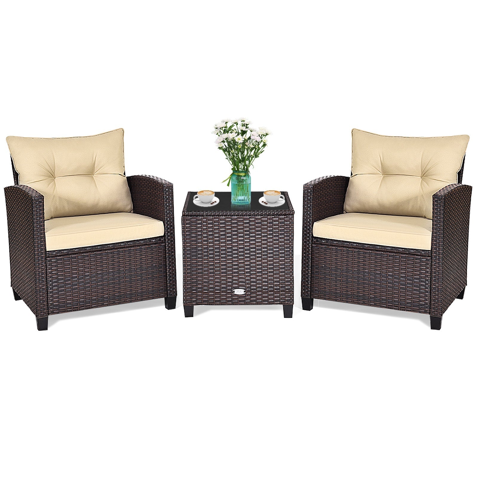 3 Pcs Patio Rattan Furniture Set Cushioned Conversation Set Coffee Table-Beige