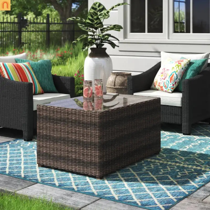 Fire Pit Table Glass Top Wicker Brown Rectangular 33x22in