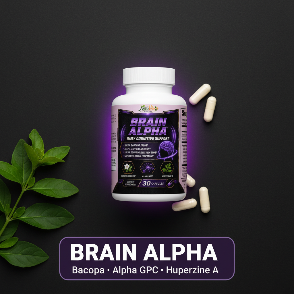 Brain Alpha™ – Daily Cognitive Support | Focus, Memory & Reaction Time | Bacopa, Alpha GPC & Huperzine A | 30 Caps