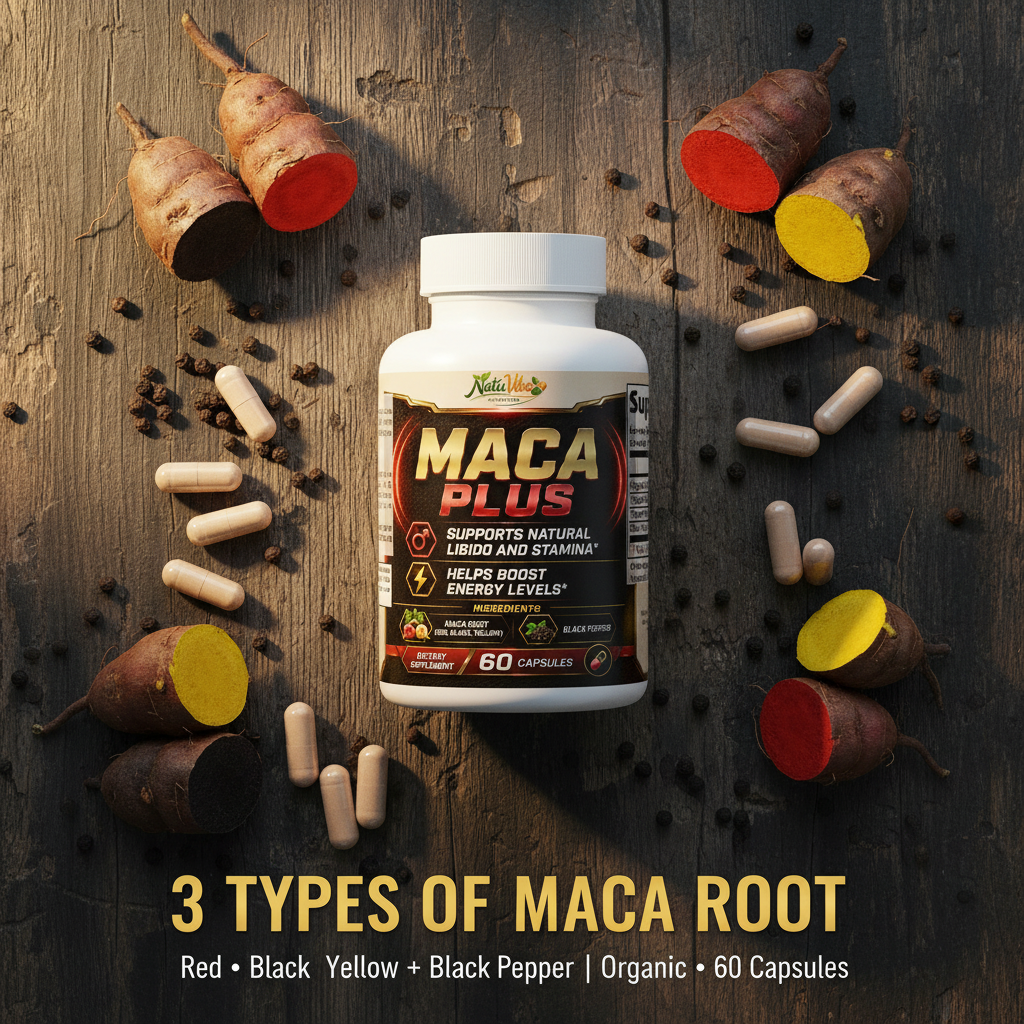 Maca Plus™ – Organic Maca Root Red, Black & Yellow | Natural Libido, Stamina & Energy Support | 60 Caps