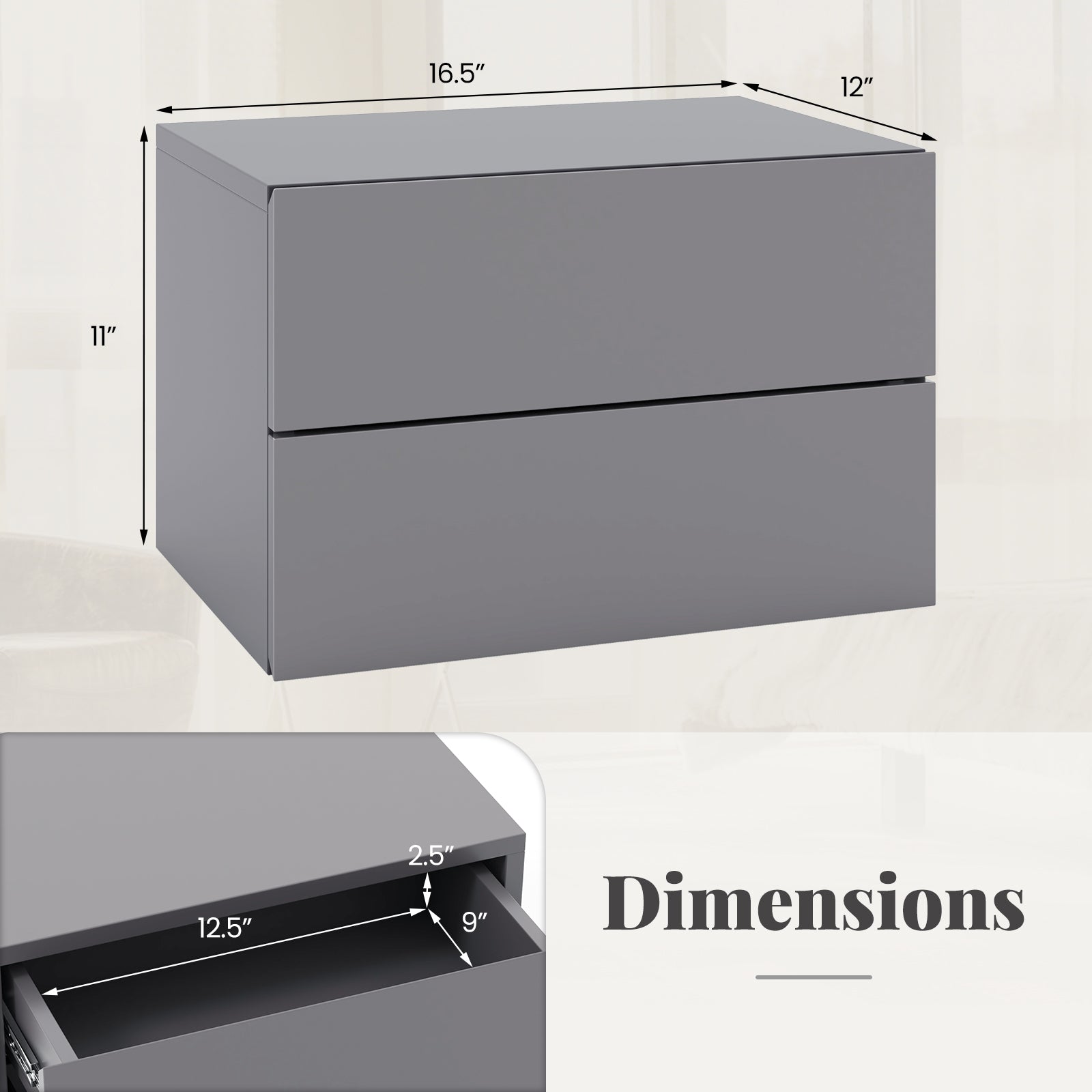 Floating Nightstand with Drawers and Storage Shelf