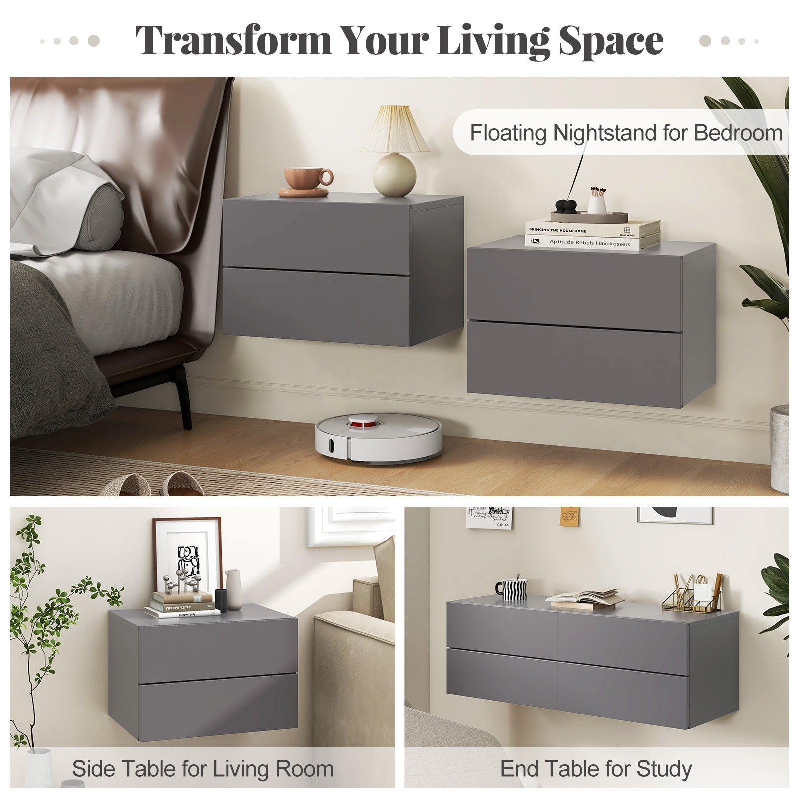 Floating Nightstand with Drawers and Storage Shelf