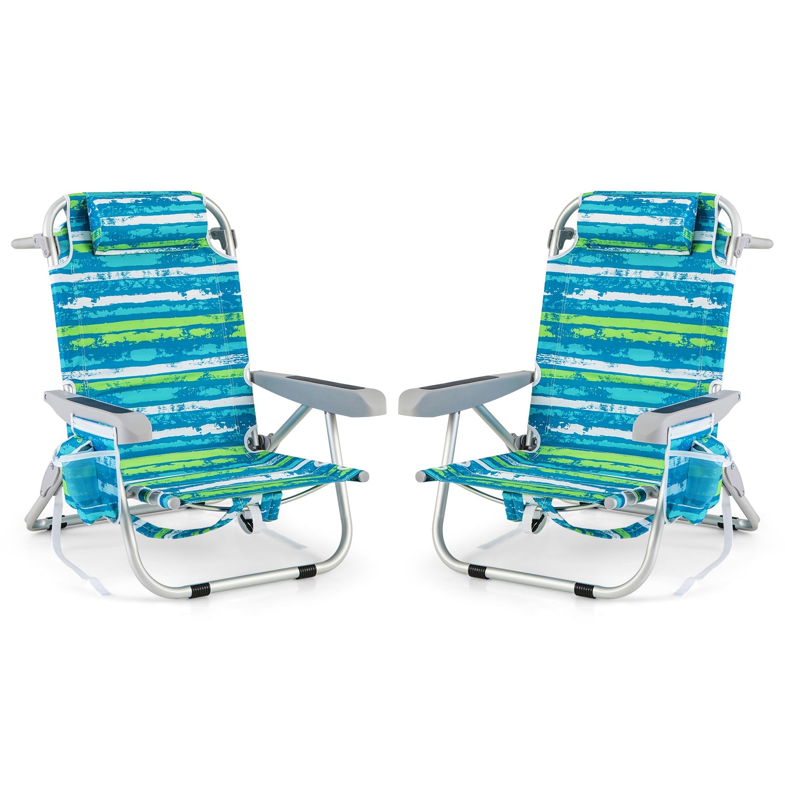 Foldable Backpack Beach Chair with Cup Holder and Storage Pockets Set of 2