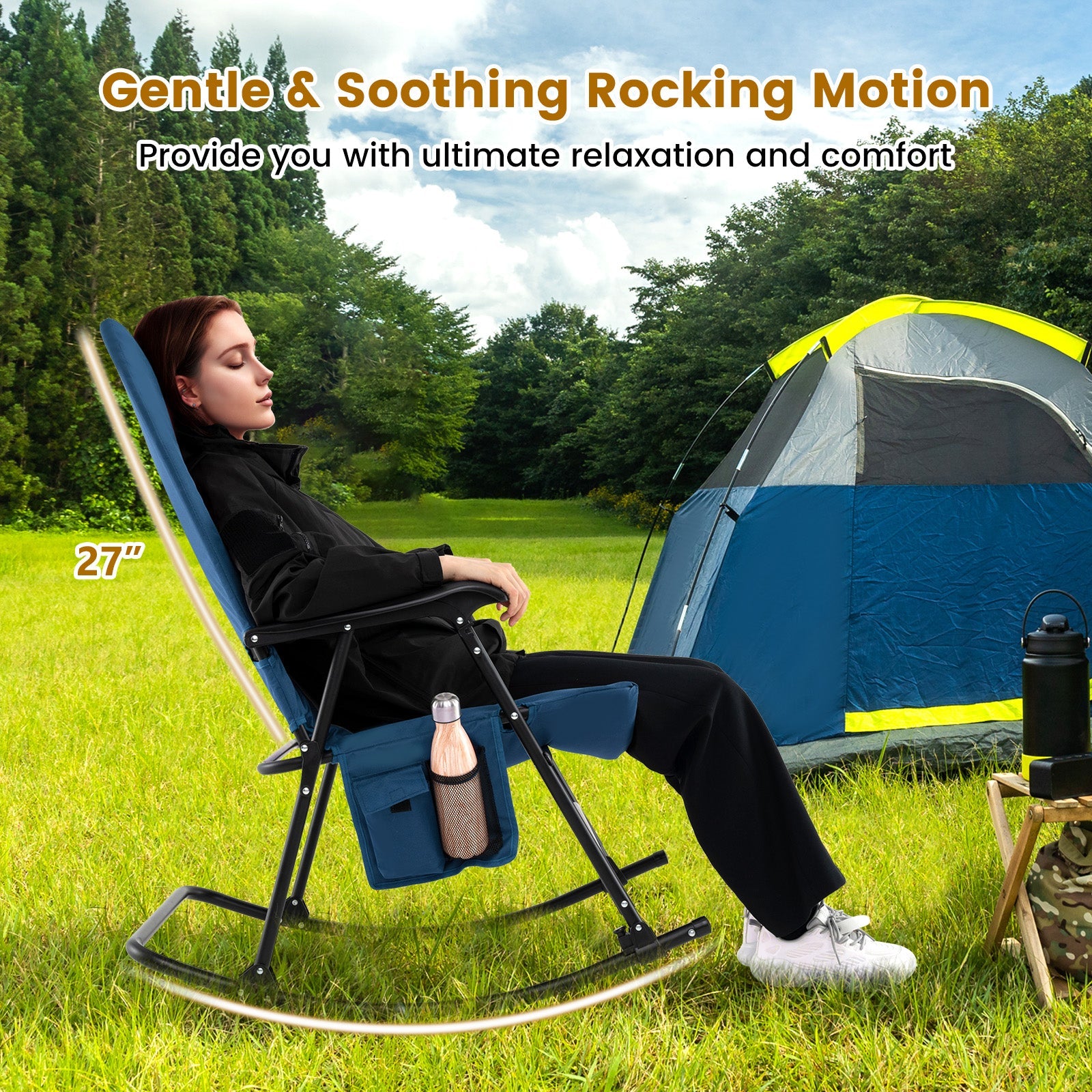 Foldable Rocking Padded Portable Camping Chair with Backrest and Armrest