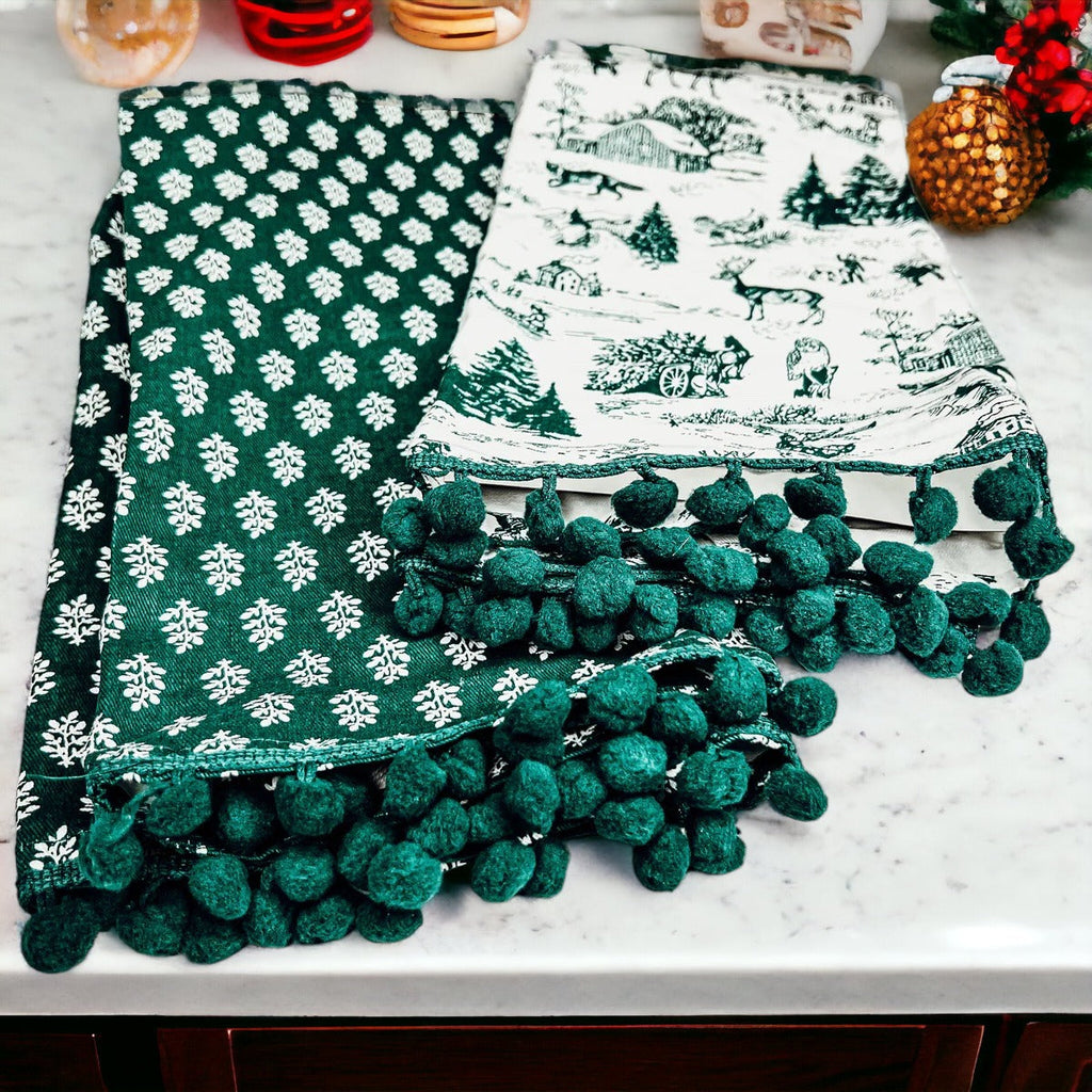 Forest Green Christmas Dish Towels Of 2 - 100 Percent Cotton Super Absorbent