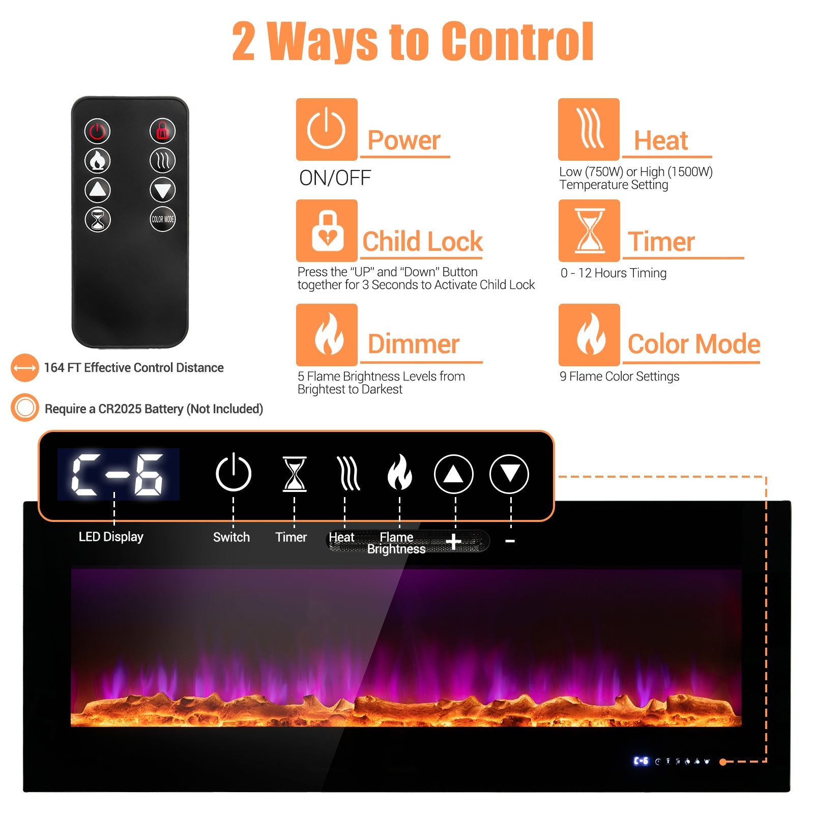 50/60 Inch Wall Mounted Recessed Electric Fireplace with Decorative Crystal and Log