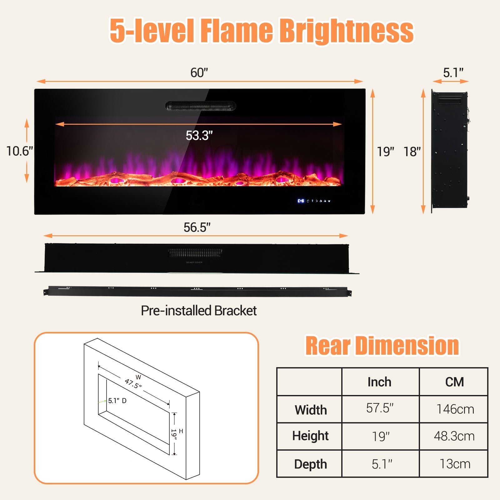 50/60 Inch Wall Mounted Recessed Electric Fireplace with Decorative Crystal and Log