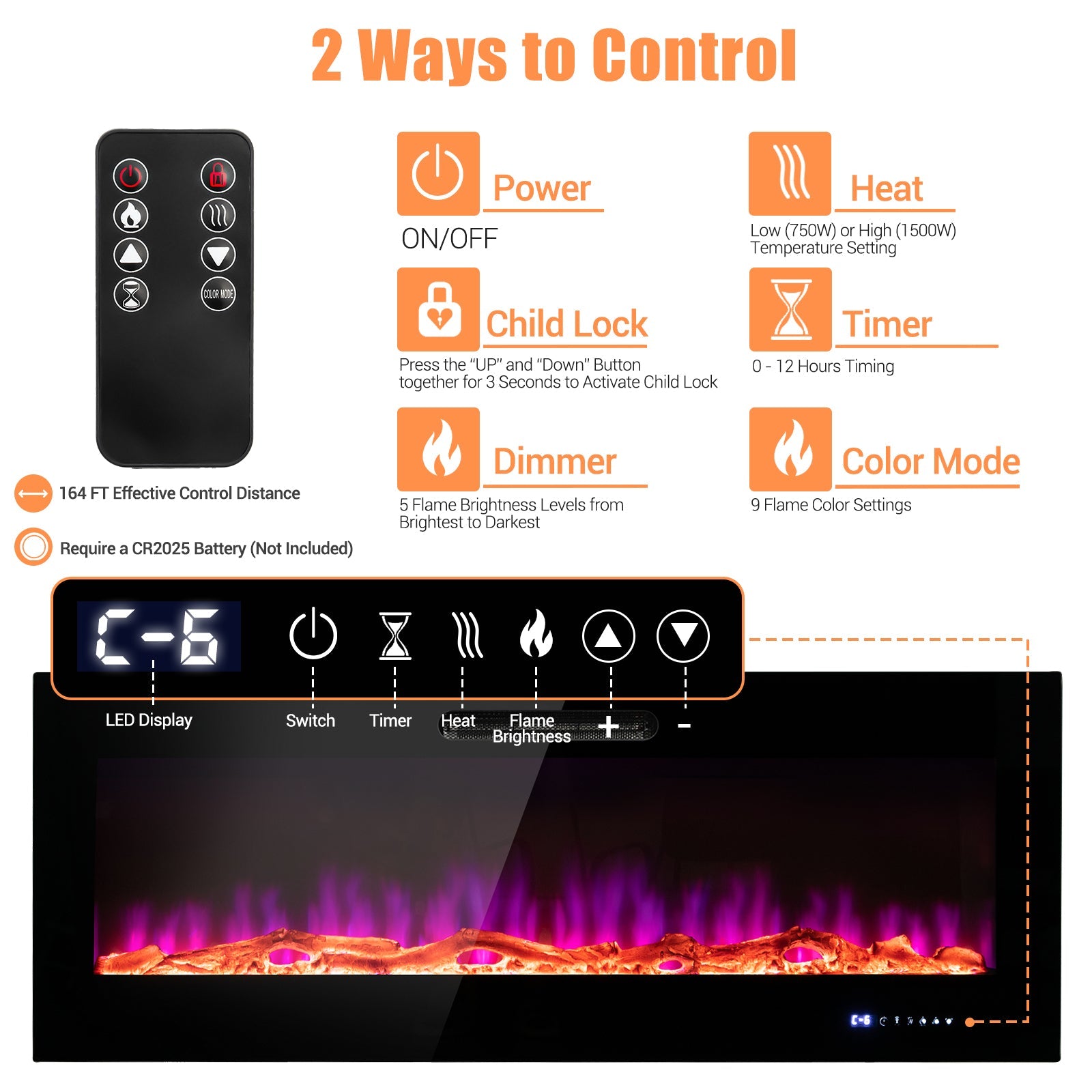 50/60 Inch Wall Mounted Recessed Electric Fireplace with Decorative Crystal and Log