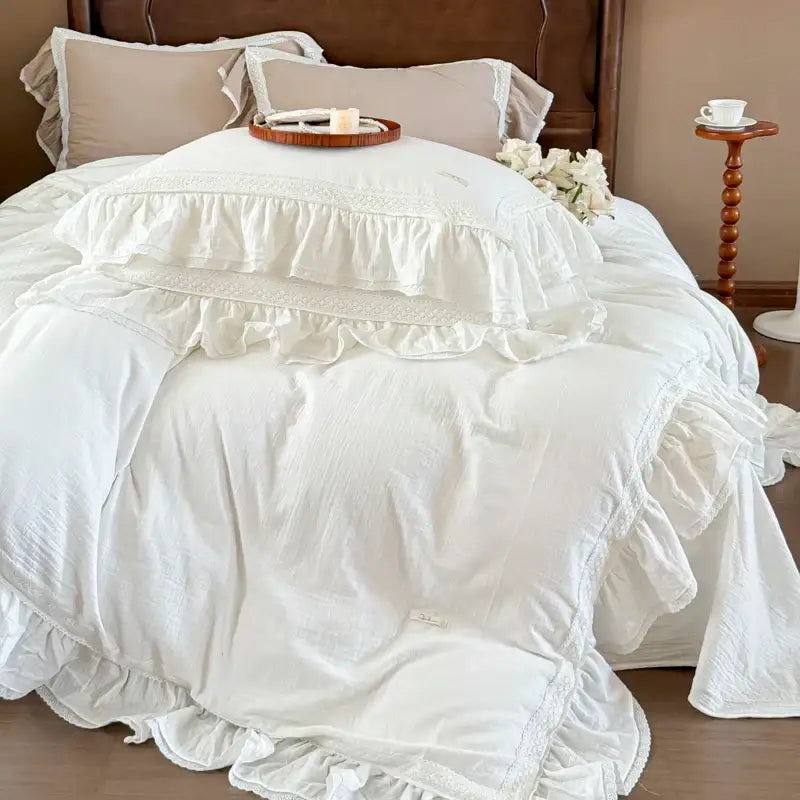 French vintage white double layer crinkle yarn bedding set bedroom