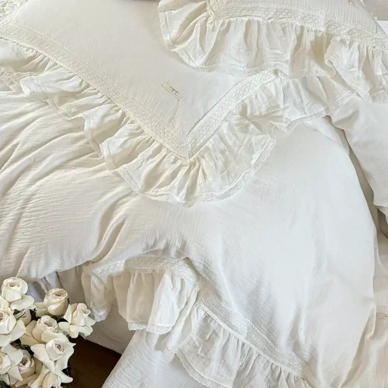 French vintage white double layer crinkle yarn bedding set bedroom