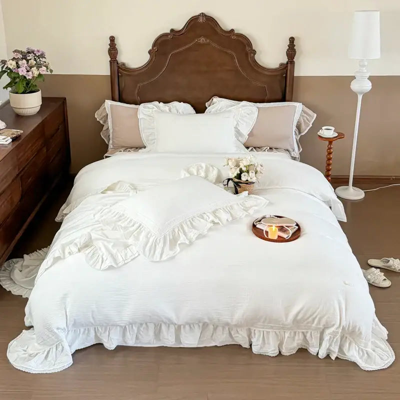 French vintage white double layer crinkle yarn bedding set bedroom