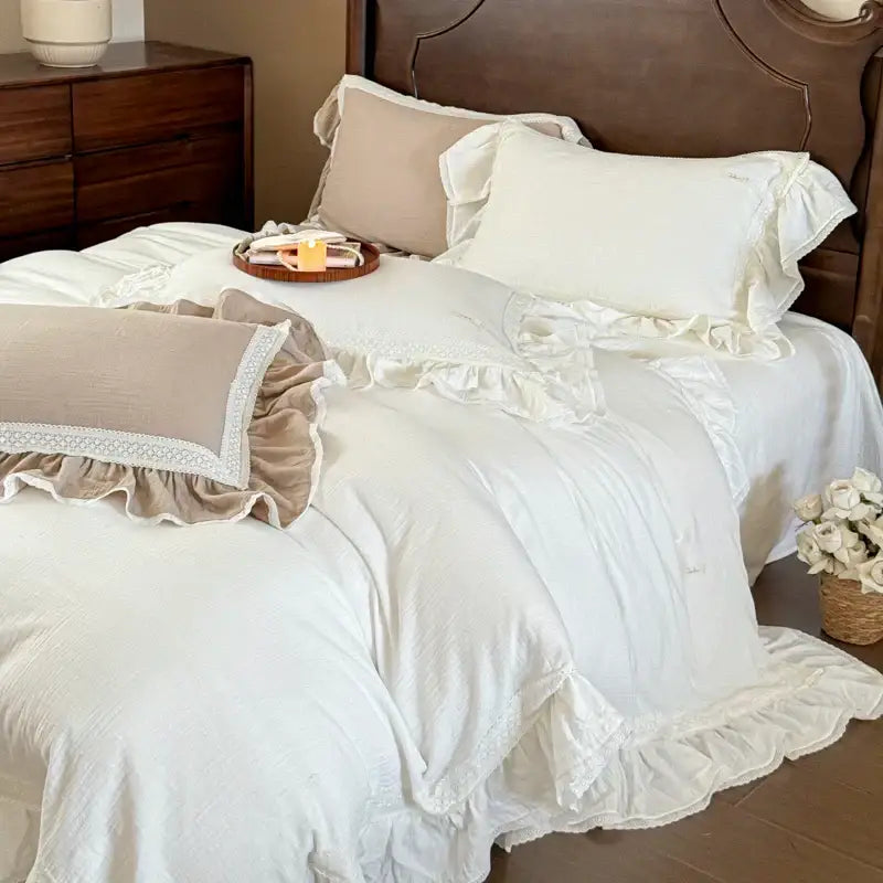 French vintage white double layer crinkle yarn bedding set bedroom