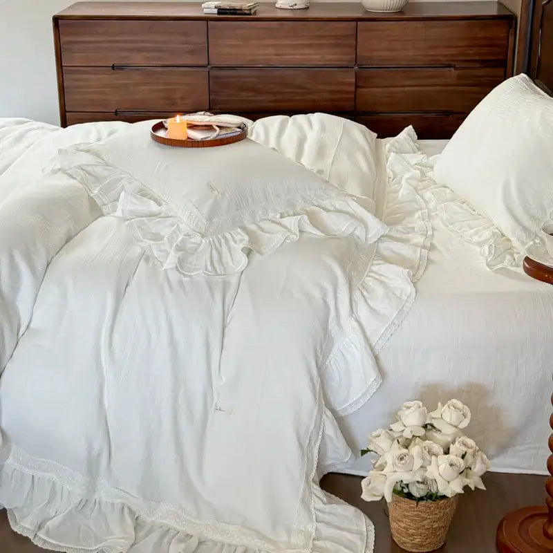 French vintage white double layer crinkle yarn bedding set bedroom