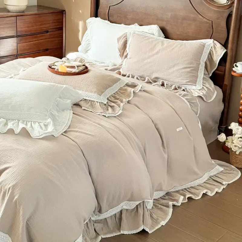 French vintage white double layer crinkle yarn bedding set bedroom